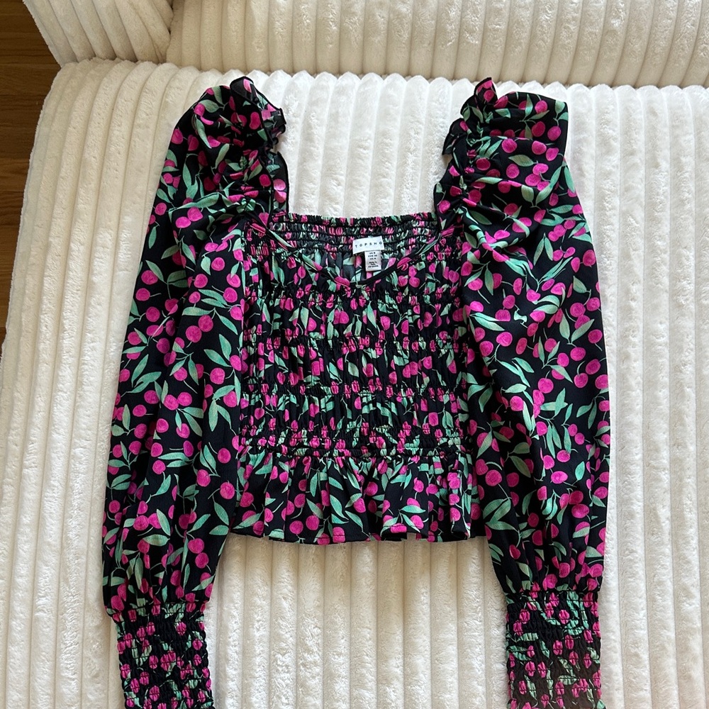 Topshop Black Floral Puff Sleeve Blouse